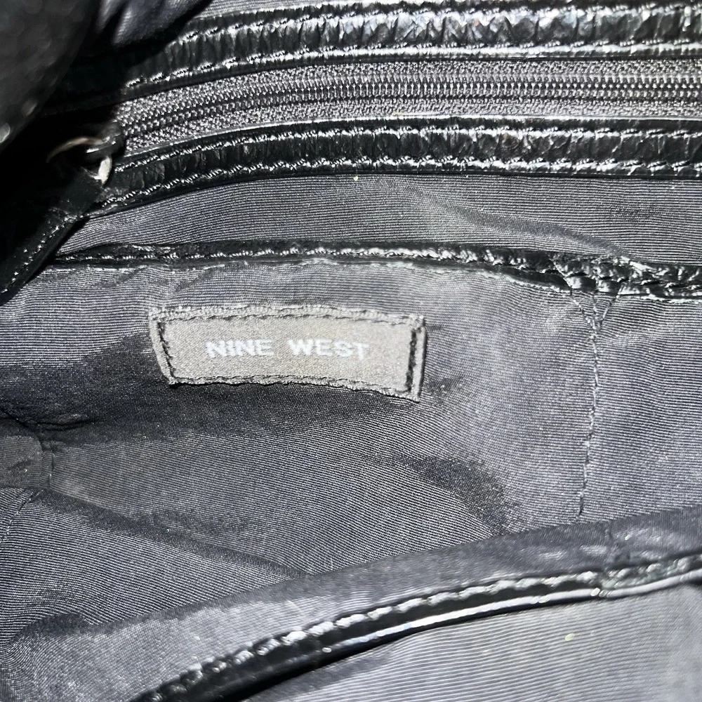 Nine West Black Patent Leather 2 Twist Handle  Purse Handbag With Chain Detail